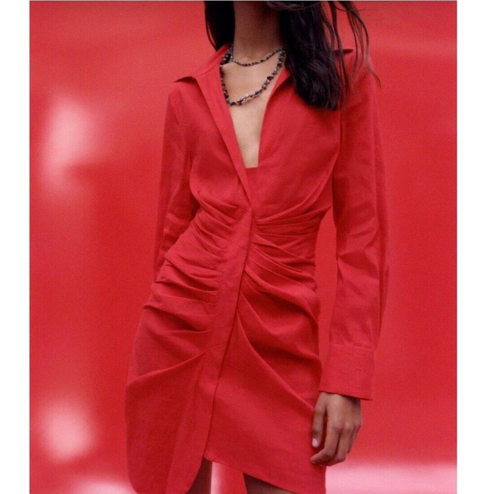 Zara Red Ruched Mini Linen Shirt Dress